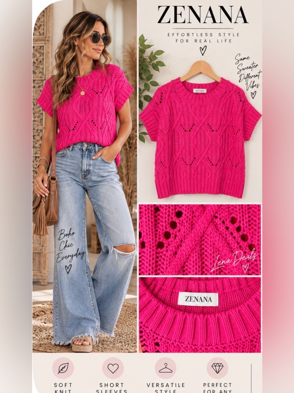 Zenana Cable Knit Ruby Short Sleeve Top- Sweater Women’s Sz Mix